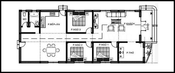 Bản vẽ mặt bằng nhà cấp 4 3 phòng ngủ 6x20 