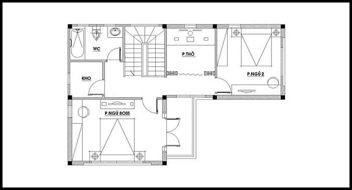 mặt bằng tầng hai thiết kế nhà chữ L 2 tầng 80m2