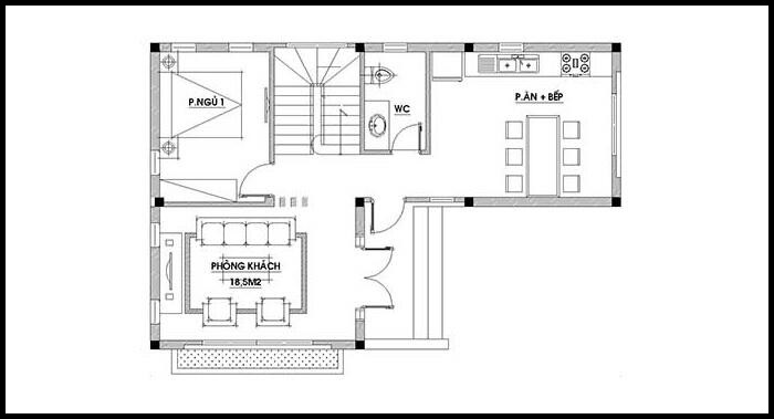 mặt bằng tầng một thiết kế nhà chữ L 2 tầng 80m2