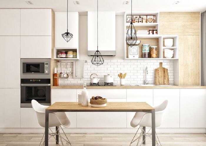 nội thất phòng bếp và ăn thiết kế nhà chữ L 2 tầng 80m2