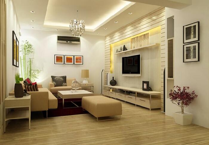Nội thất phòng khách thiết kế nhà chữ L 2 tầng 80m2